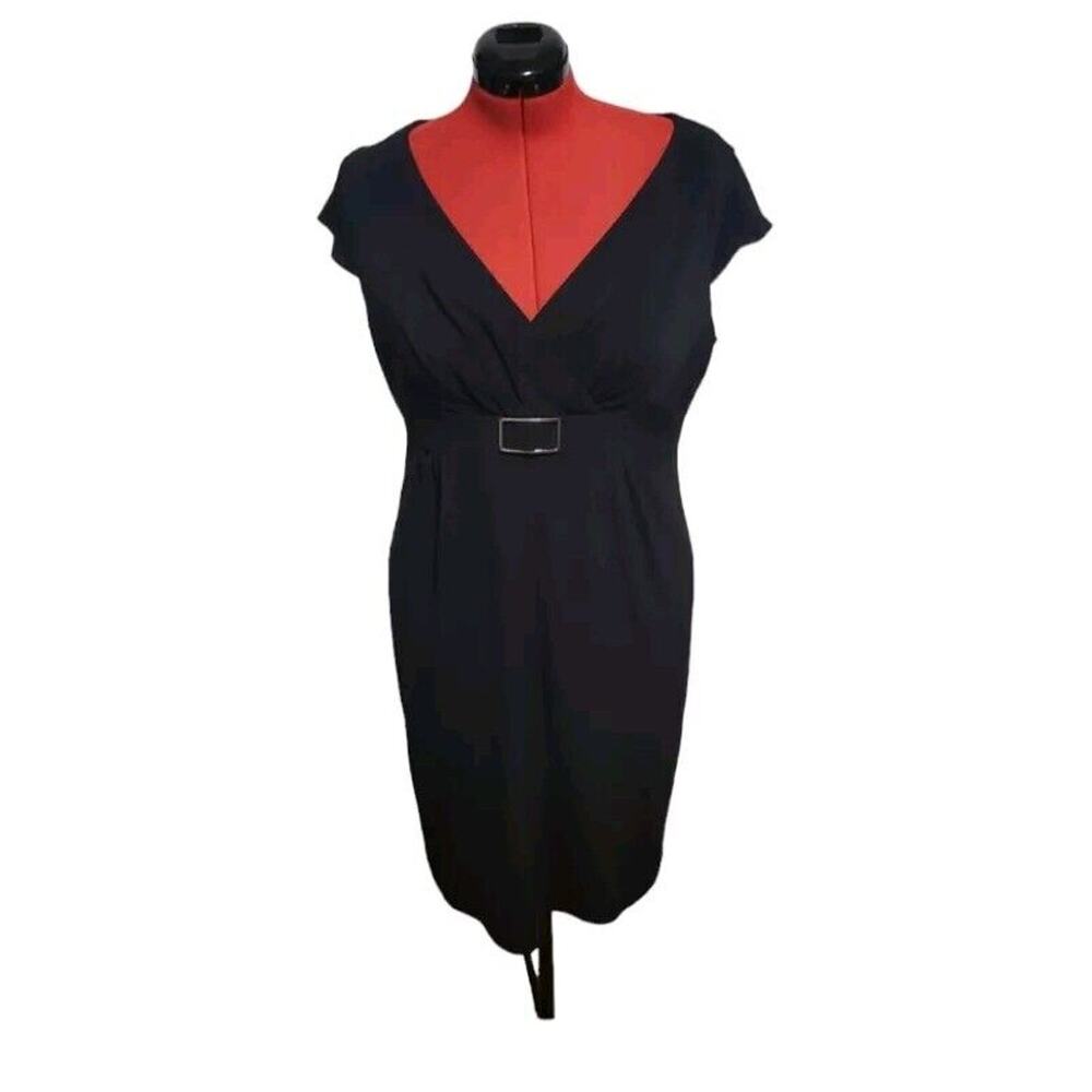 White House Black Market fitted midi dress, cap sleeves v neck, buckle, size 14